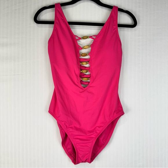 Bleu By Rod Beattie Kore Beaded Lace-Up Vibrant Pink One Piece Swimsuit Size 6 - Picture 2 of 7